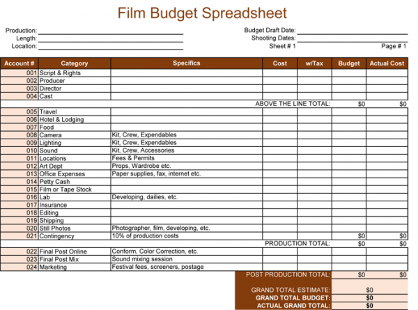 Film Budget Worksheet